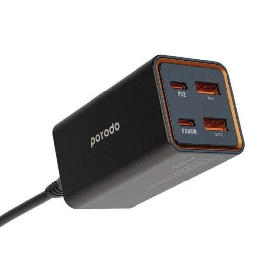 Porodo 65W GaN 4 Ports Desktop Charger Dual USB-C - USB-A Quick Charge - Black